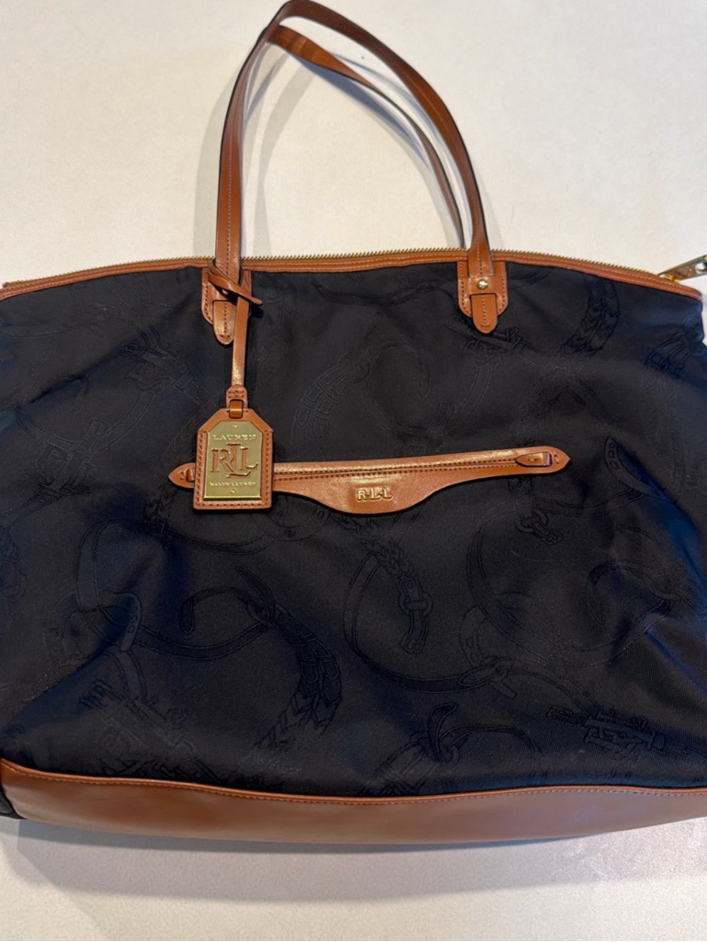 Ralph Lauren Navy Nylon Tote with Brown Leather Trim